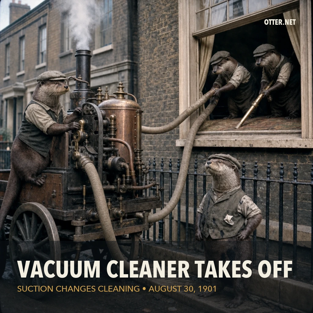 Otters with an early vacuum cleaner outside a townhouse